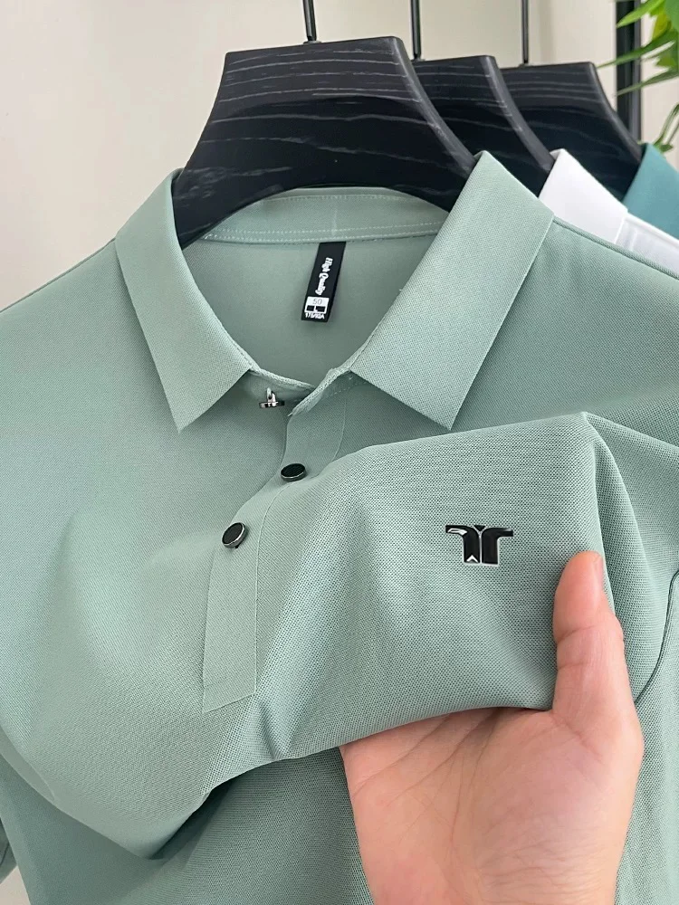 الراقية قميص بولو من الحرير الجليدي المألوف بأكمام قصيرة للرجال 2025 صيف جديد طباعة تصميم عادية تنفس العلامة التجارية تي شيرت