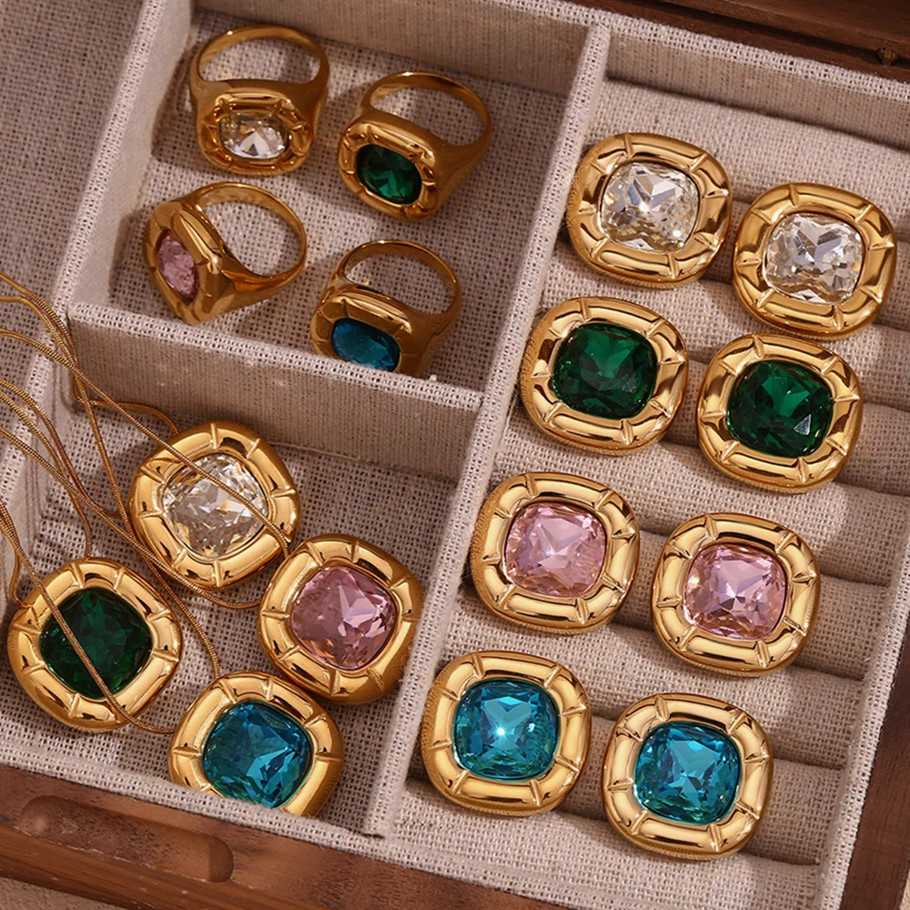 E.B.belle Colorful Zircon necklace for women Square zircon earrings Sparkling Rings Jewelry set Stainless steel premium jewelry
