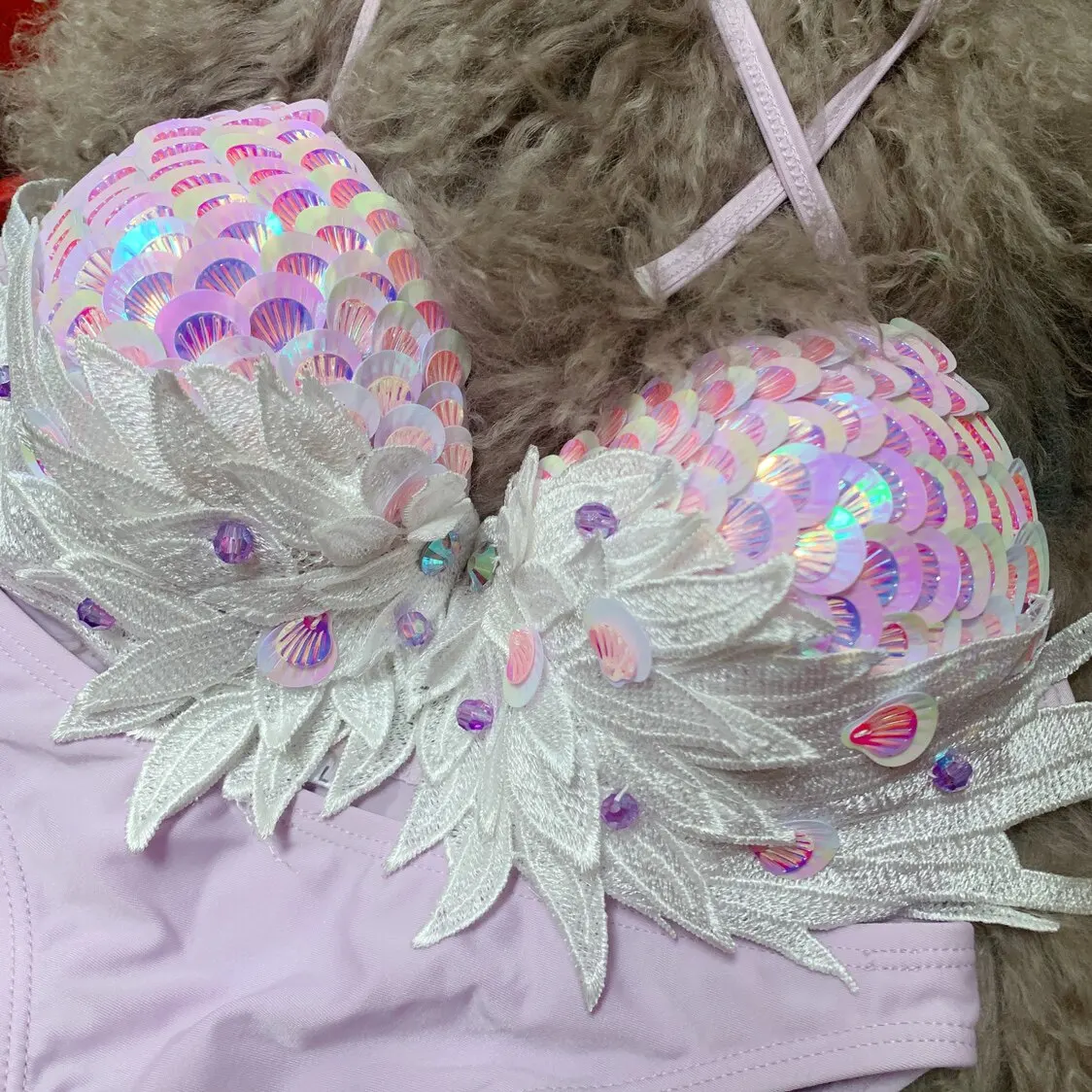Women's Sexy Bikini Bra with Iridescent Sequins for Photos Vacation Pool Parties Paired with Mermaid Tail Freely Adjustable
