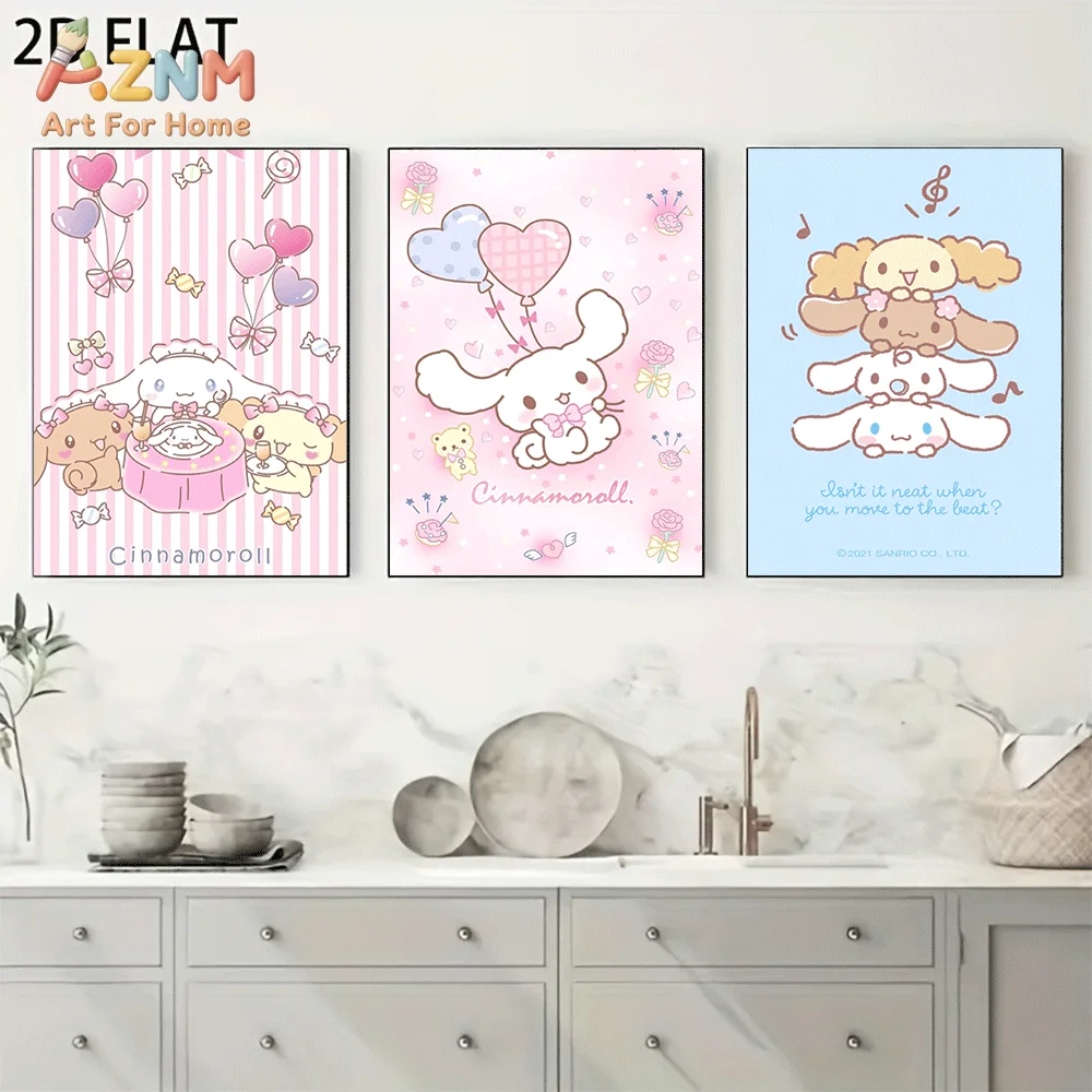 AZNM Cinnamoroll Canvas Wall Art Unframed Cute Cartoon Print Poster Balloon Candy Music Note Pastel Pink Blue Style Design for G