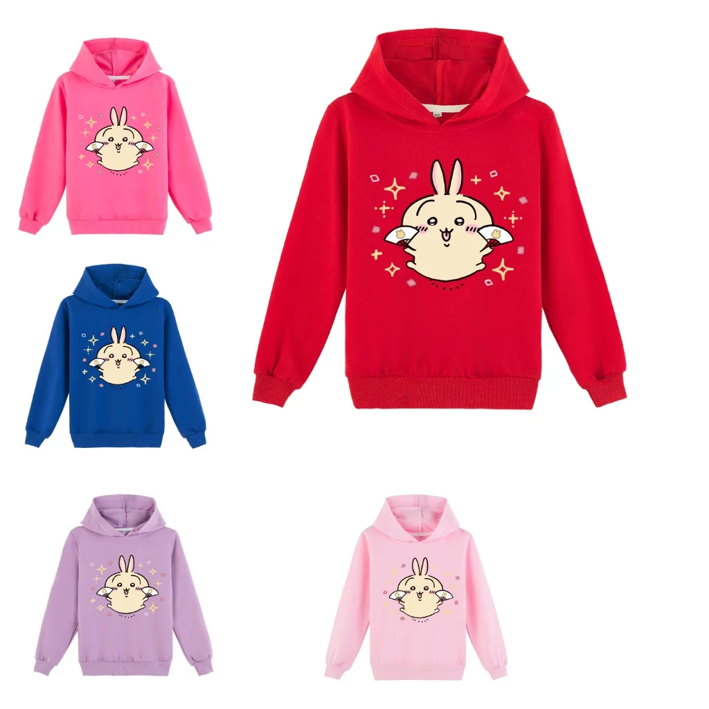 Sudadera con capucha de dibujos animados para niños pequeños y niñas, cómodas camisetas de manga larga, sudadera de moda Chiikawa con capucha (2-14 años, 5 colores)