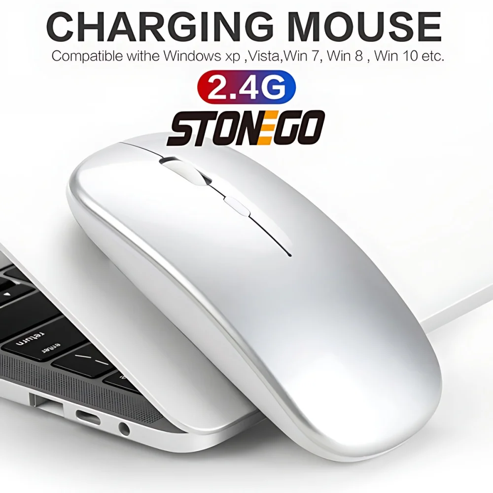 STONEGO 2.4G Slim Rechargeable Wireless Mouse, Portable Optical Silent Ultra Thin Wireless Computer Mouse with USB Receiver