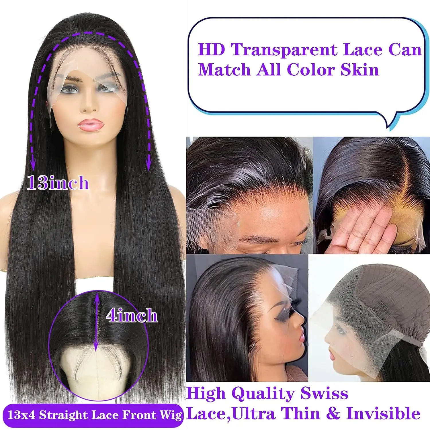 Perruque Lace Front Wig sans colle naturelle, cheveux lisses, 13x6, pre-plucked, densité 150%, HD, transparente, pour femmes