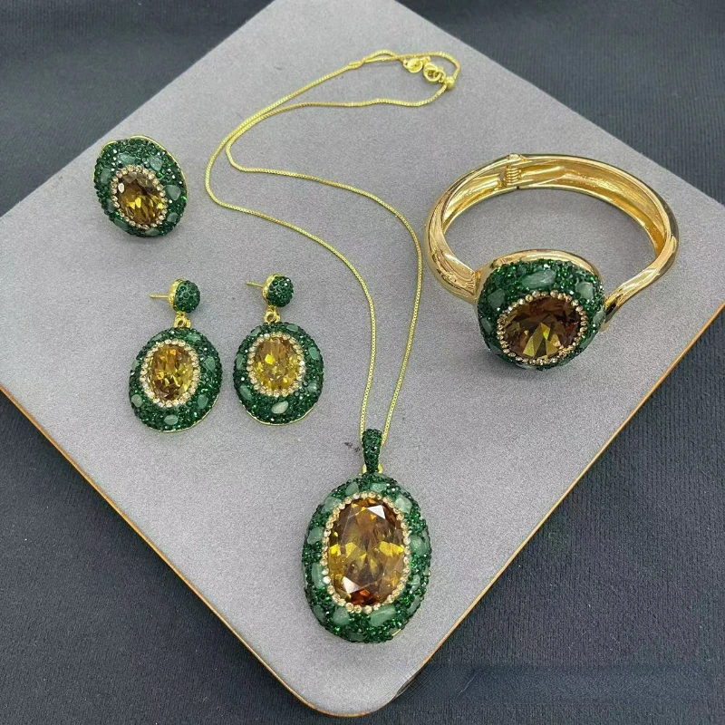 Natural Turkish color-changing stone set with green rhinestone 4-piece jewelry exquisite fashion women\'s party accessories