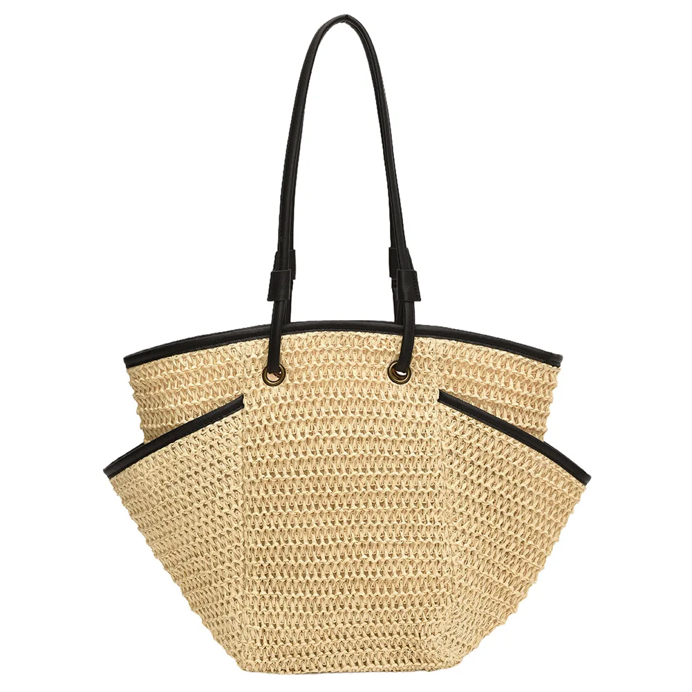 Sac fourre-tout en paille tissé pour femmes, sacs de plage d'été, sac à main tissé de grande capacité, multi-poches pour les voyages et le shopping, mode