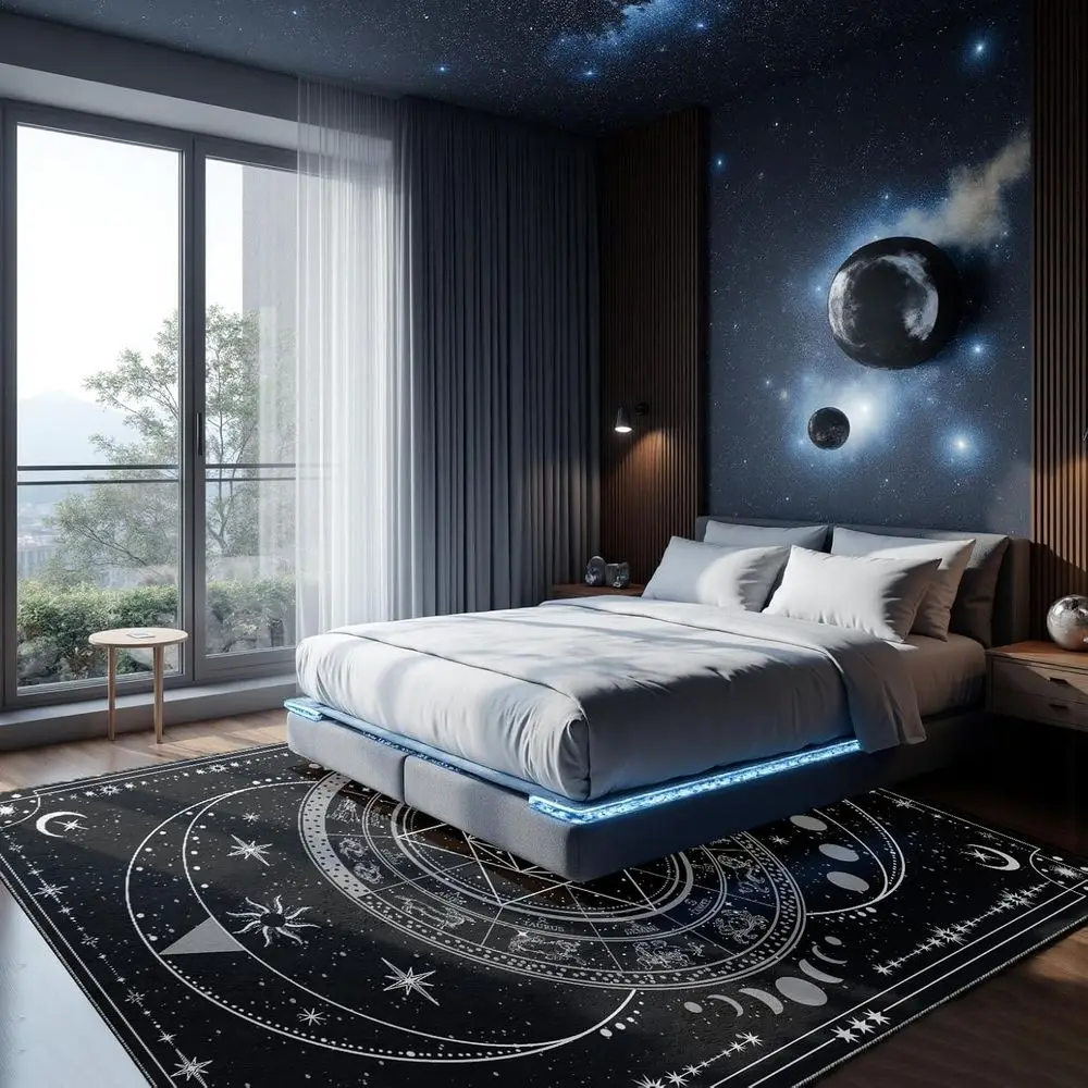 8x10 Black Divination Area Rug: Moon Phases & Tarot, Soft, Washable, Non-Slip for Witchy Home Decor