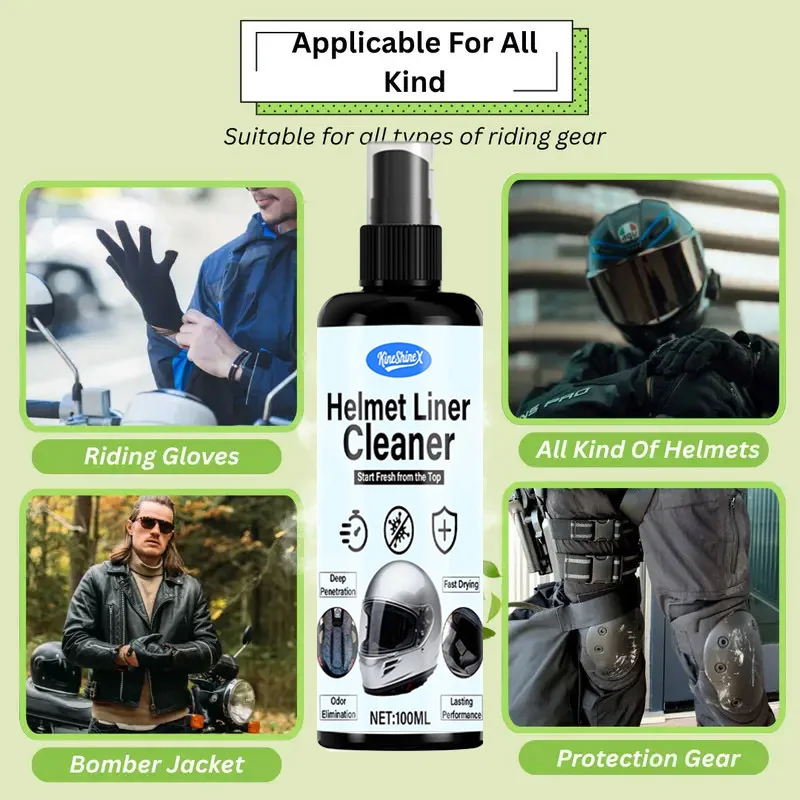 100ml Helmet Liner Cleaner Spray, Fast Drying Odor Control for Motorcycle Helmets, Gloves, Boots, Shoes and Protective Gear Care