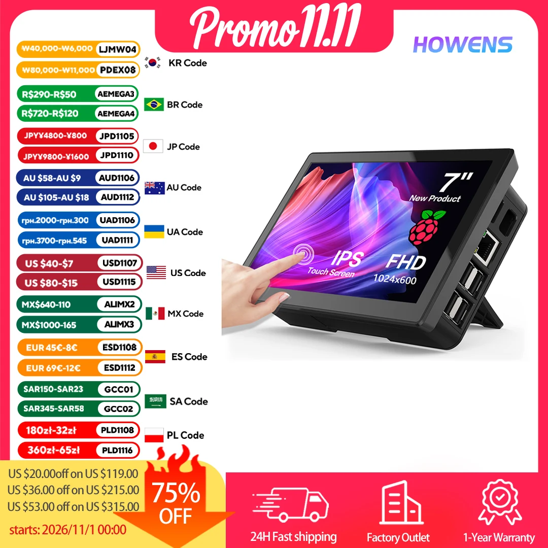 7 Inch Touch Screen 1024x600 LCD Monitor Raspberry Pi3 4 5 Portable Secondary Screen Support HDMI Type-C VESA For Laptops Mobile