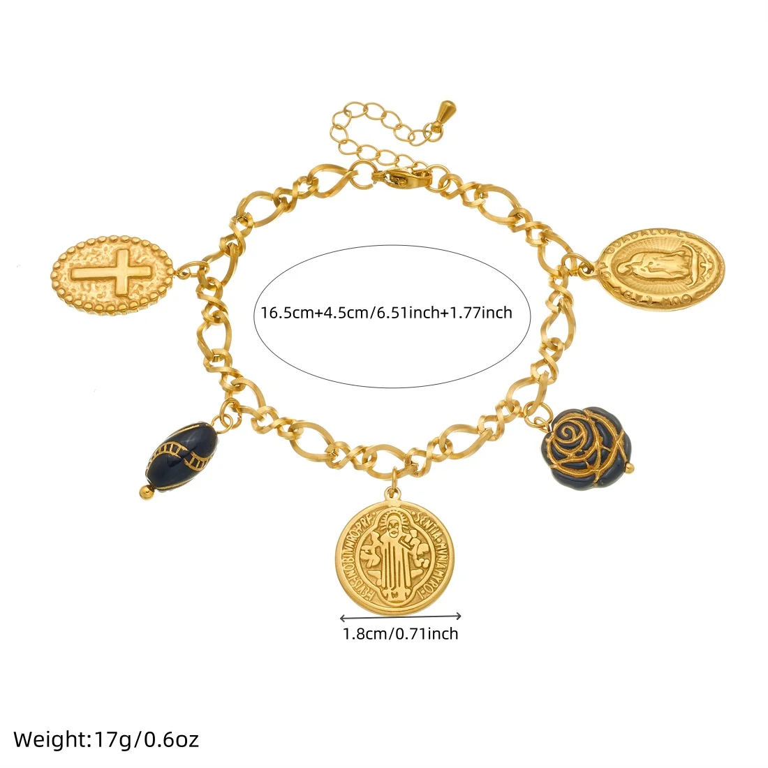 DIEYURO 316L สแตนเลสสตีลโกลเด้นรอบภาพเหมือนครอสสีดำโรสจี้สร้อยข้อมือผู้หญิงใหม่คลาสสิกข้อมือเครื่องประดับของขวัญ