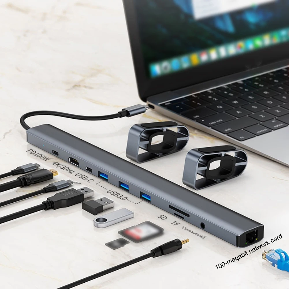 

Док-станция 10 в 1 USB C с совместимым с 4K, 100 Вт, слотами для карт памяти USB 3 0 Ethernet TF, сборка из алюминиевого сплава