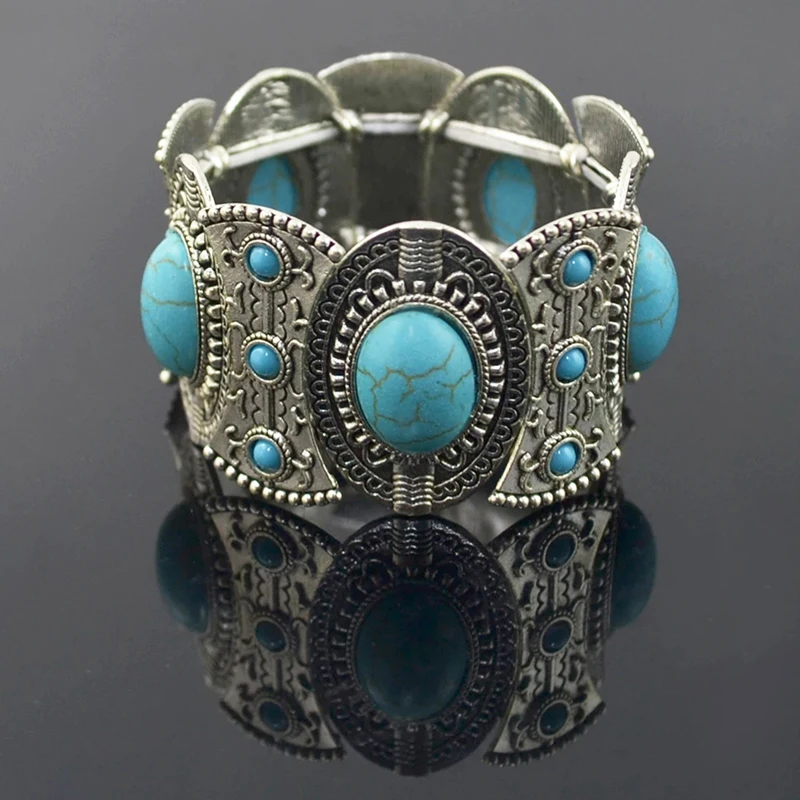 Alloy Turquoise Women Bracelets Vintage Carved Bohemian Charms Wide Bracelets Gypsy Baroque Ethnic Bracelets Feminina