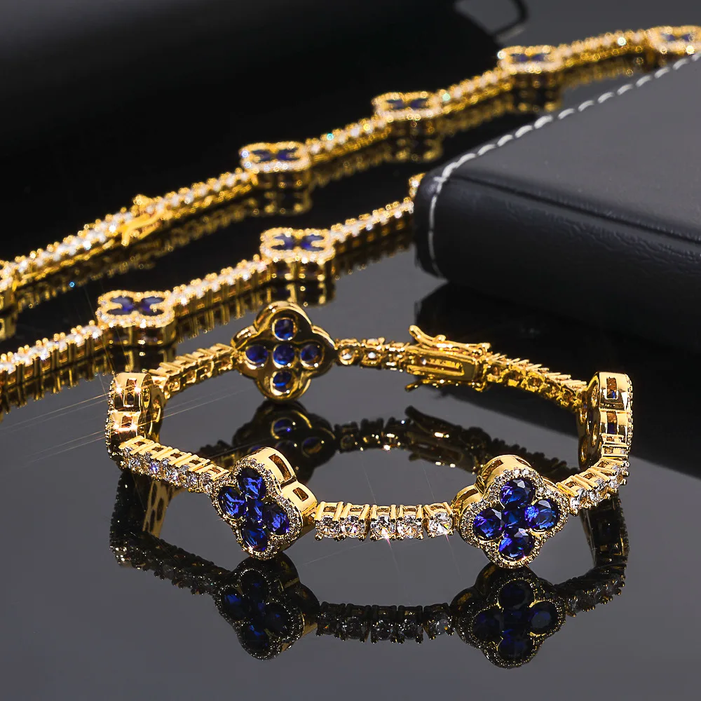 Luxury 24K 9999 Pure Gold real gold Women's Hip-Hop Green Moissanite Plum Blossom Bracelet Tennis Bracelet