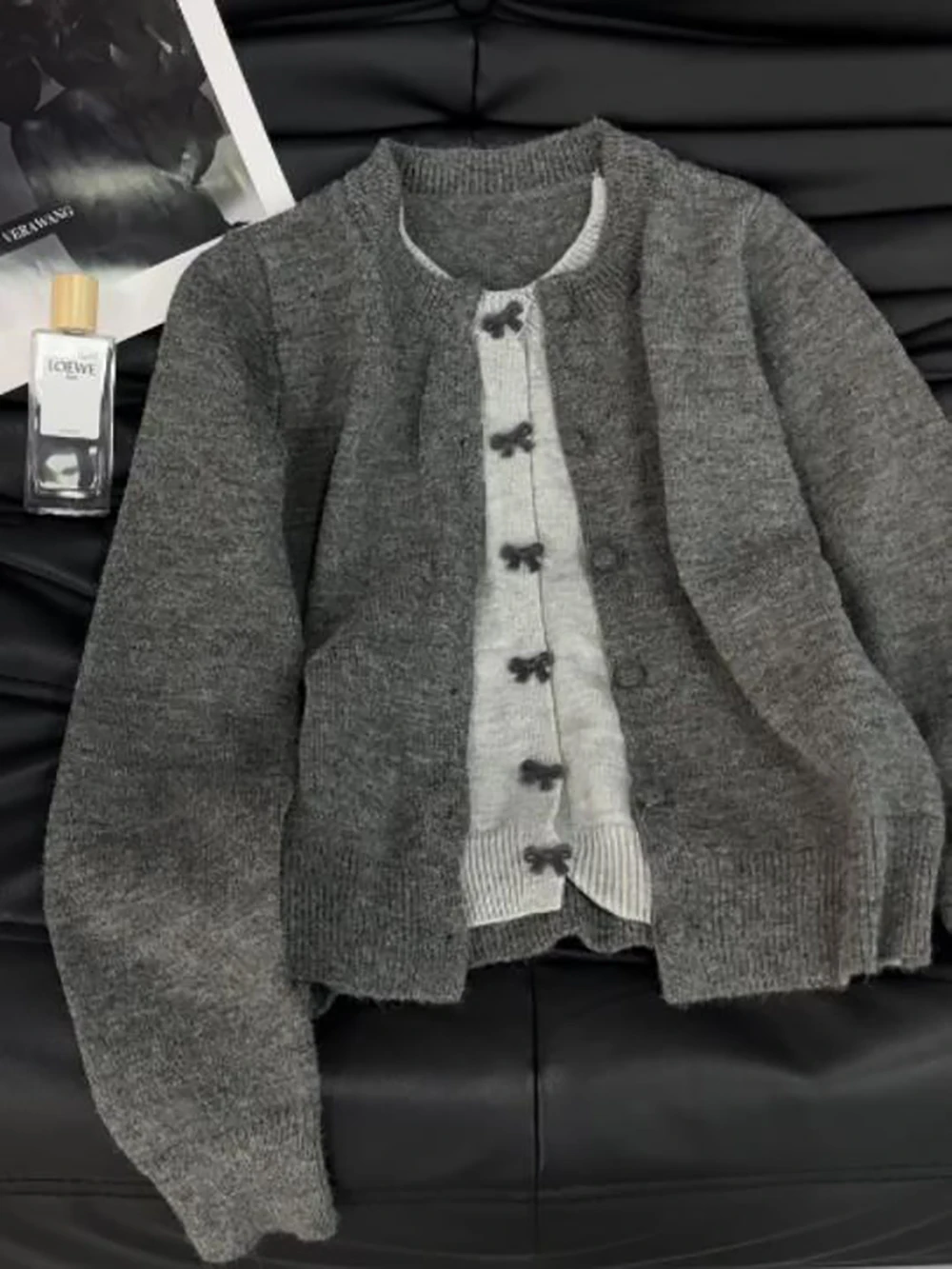 

Серый искусственный кардиган из двух предметов, женский осенне-зимний вязаный топ контрастного цвета, модное свободное пальто на пуговицах с бантом