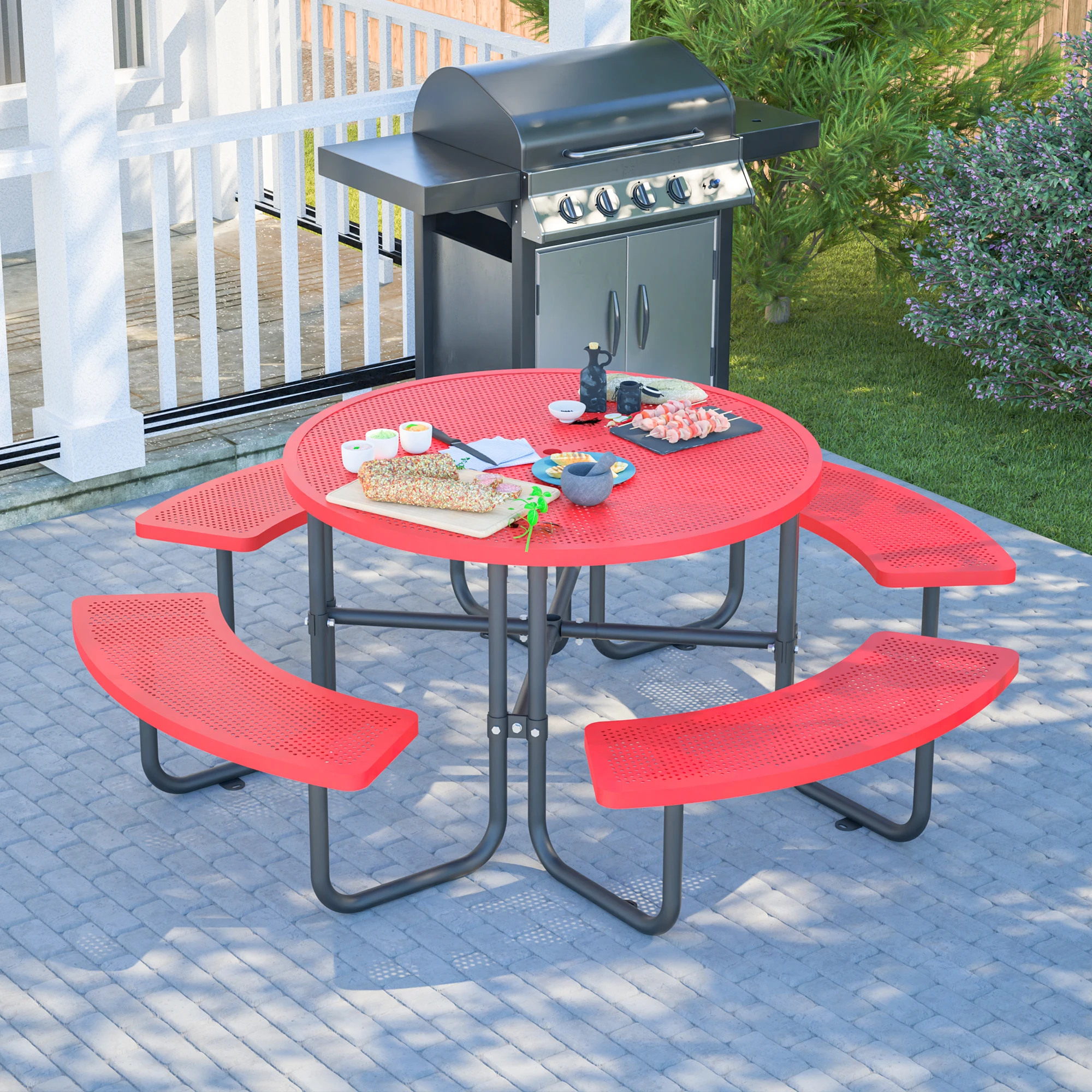 46.45 Inch Waterproof Anti-Rust Round Metal Outdoor Picnic Table with Integrated Curved Benches, Heavy Duty Sturdy Durable Perforated Patio Dining Set for Garden Backyard Park