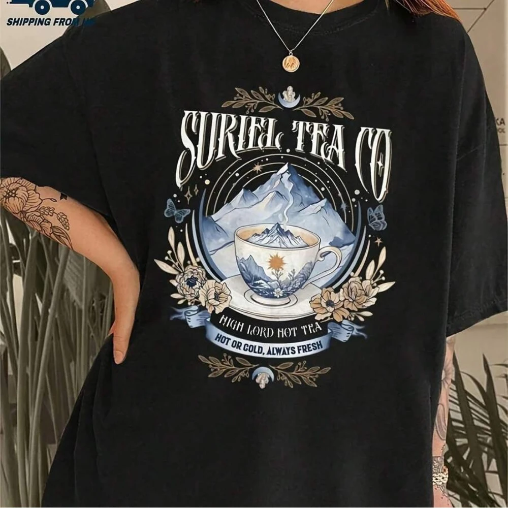 Suriel Tea Co Shirt Night Court Adult Sarah J Maas Swea Reading Room Women's Solid-Colored Boat Collar Short-Sleeve
