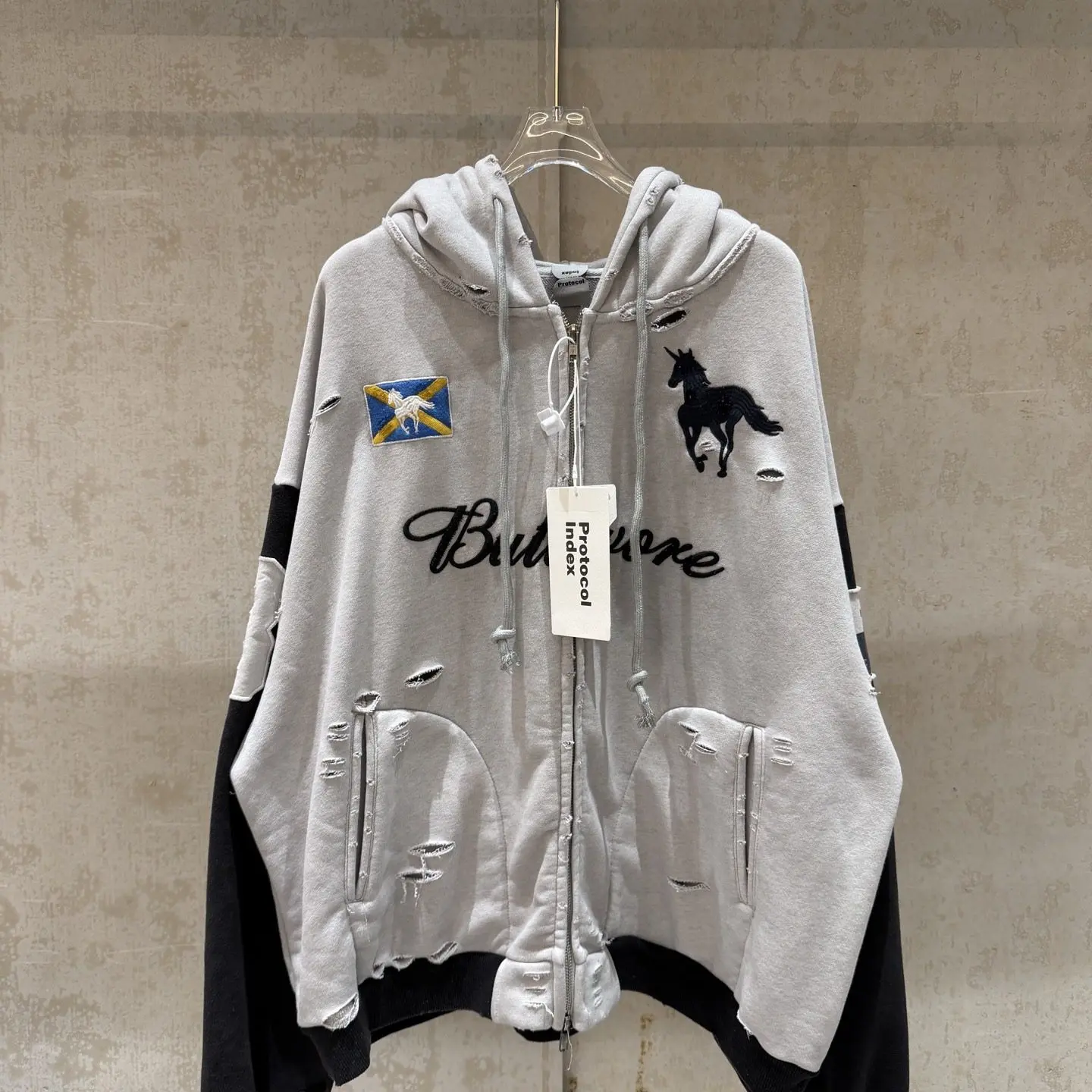 

Correct version Protocol Index Project G/R distressed splicing zip hooded sweatshirt