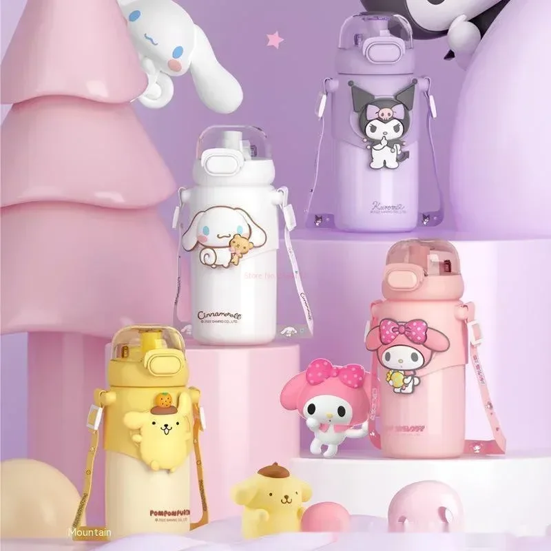 

460ml Melody Pompom Purin Kuromi Cinnamoroll Vacuum Cup High-quality Kids Stainless Steel Thermos Cup Strap Water Bottle