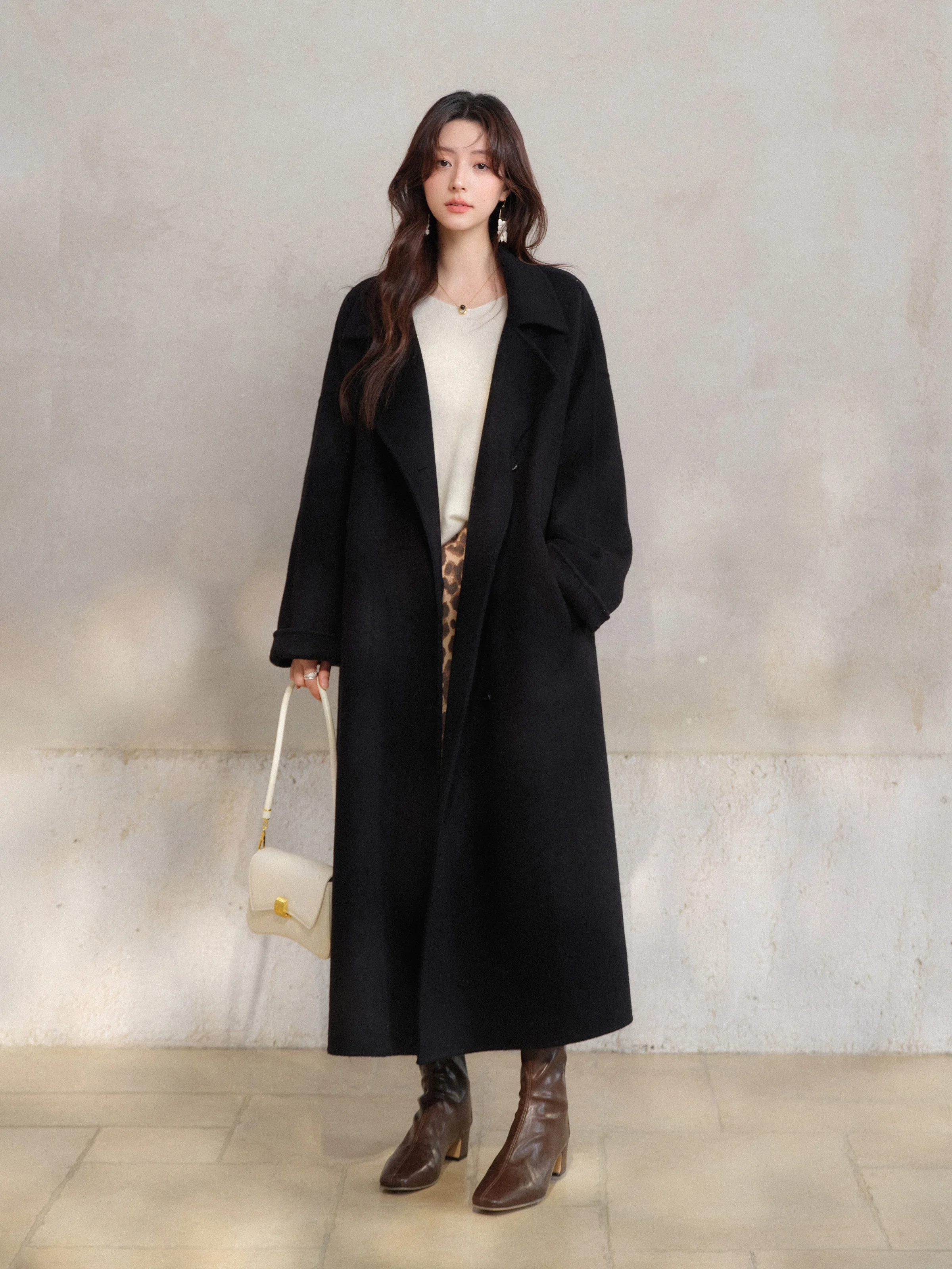 Wool Overcoat Women Lady Elegant Long Black Coat Vintage Double-Faced Winter Jacket Warm Minimalist Loose Fit Retro Outerwear