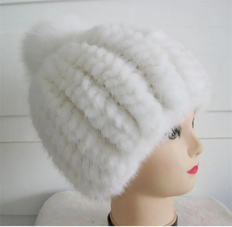 قبعة مريحة مخططة من فرو المنك والثعلب - قبعة شتوية دافئة محبوكة مع كرة كبيرة فاخرة، أزياء نسائية أنيقة #1
