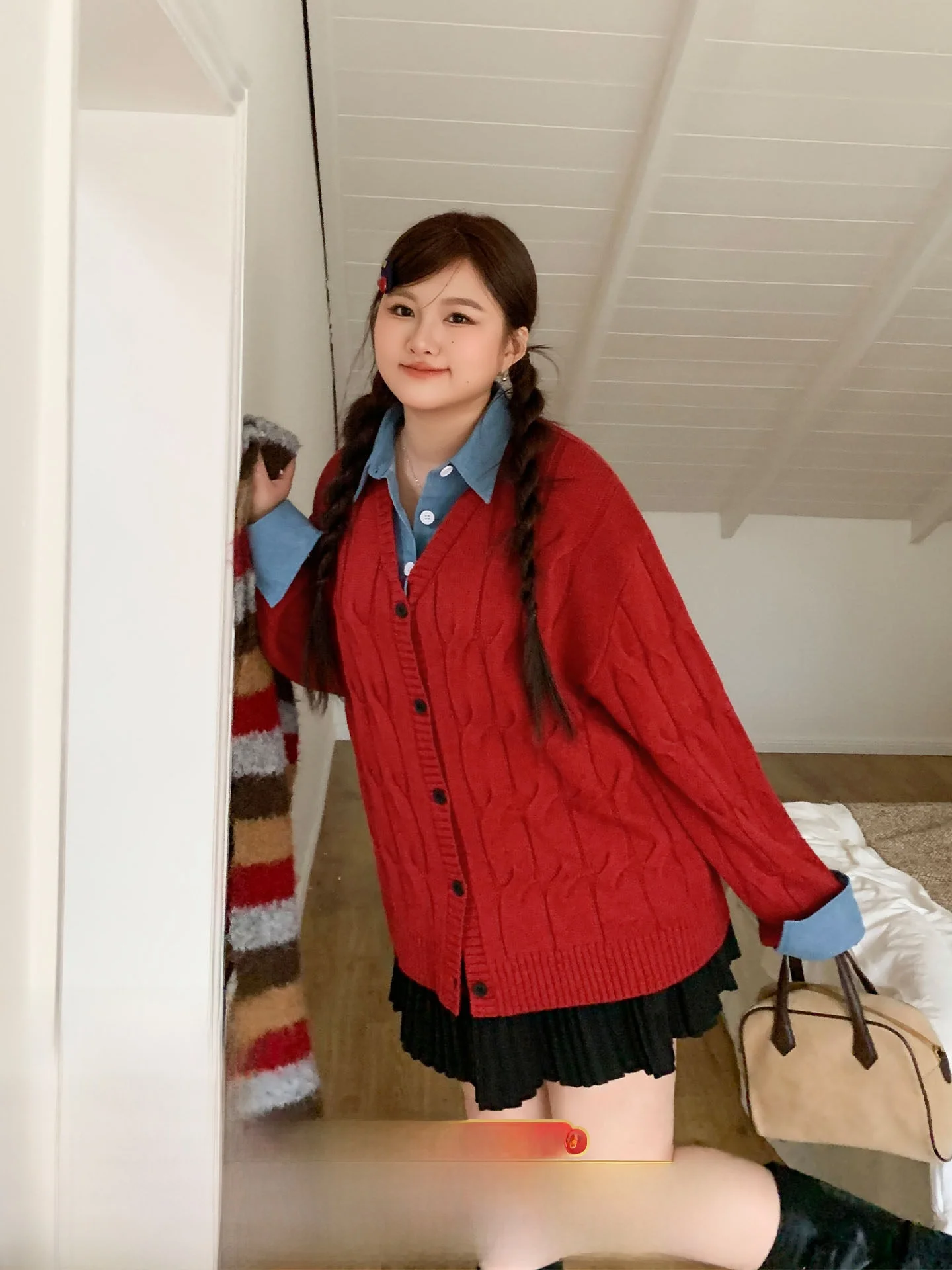 

YuZi Knitted Open Cardigan Sweet Loose Fit New Year Red irt Collar Sweater Large Size Women's Faion Autumn Winter Outerwear