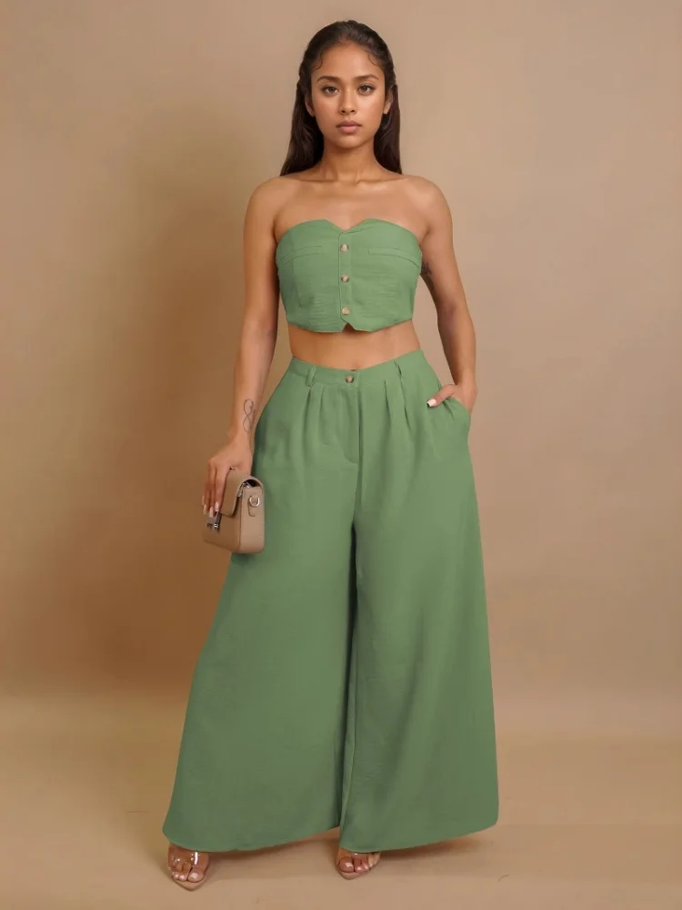 

Sister Star Women's Suit Fashion Sexy Comfortable Elastic Smocked Vest Wide Leg Pants Temperament Commuting Two-piece Set