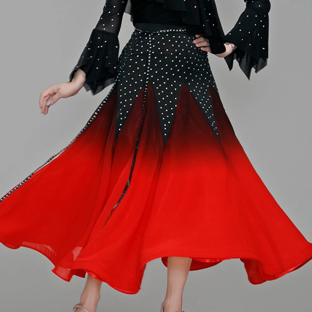 Gonna valzer Ballo da sala Abito da valzer con strass Abito da pratica di danza da sala rosso flamenco bianco sfumato di alta qualità