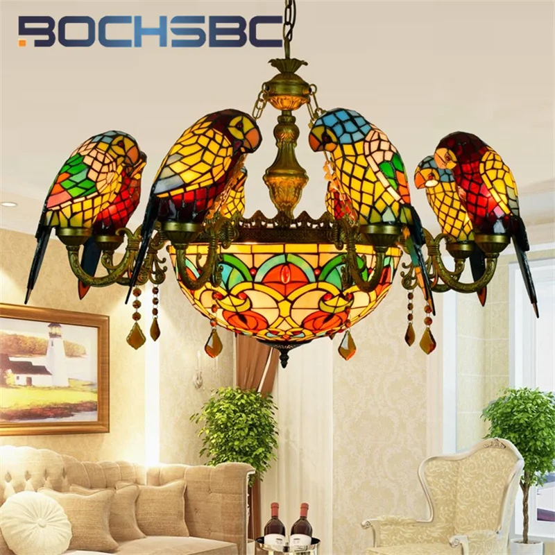 

BOCHSBC Tiffany style stained glass Luxury Parrot Crystal Chandelier Pendant lamp Living Room Restaurant Hotel LED decor