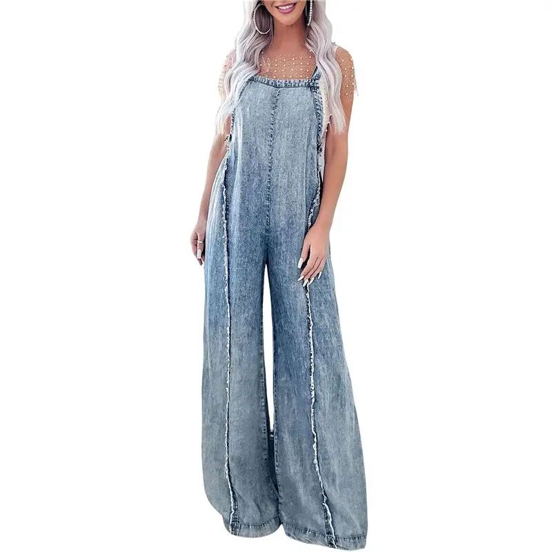 

A24F-Women Loose Fit Denim Jumpsuit Adjustable Straps Wide Leg Long Pants Frayed Jean Overalls