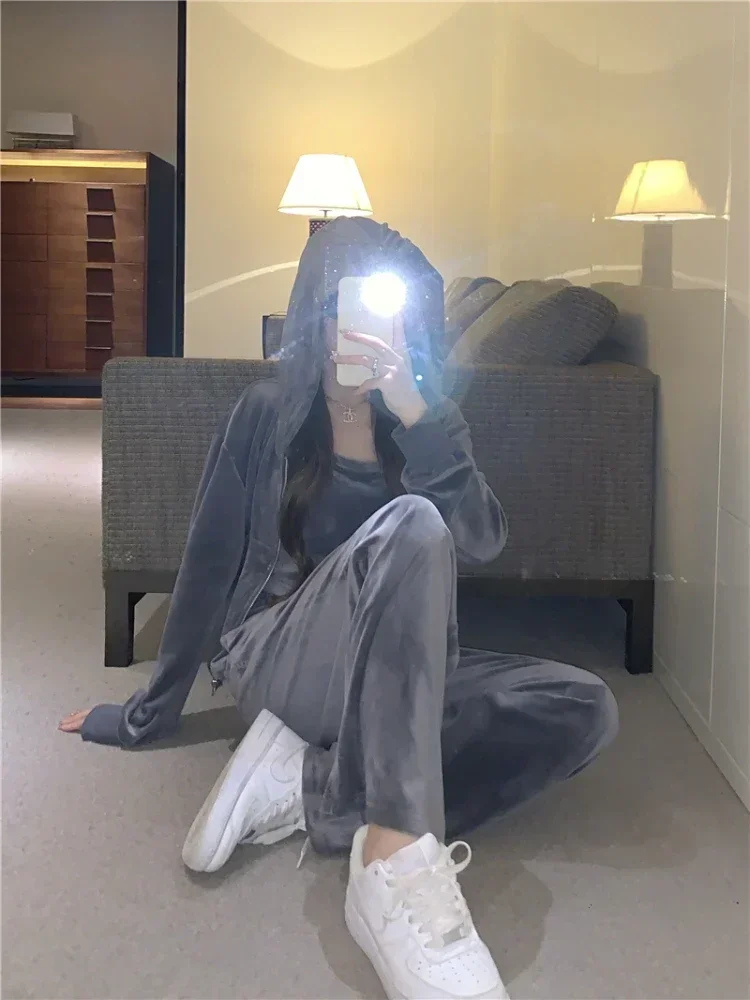 Fashion Velvet Hooded Sweater Tank Top Sports Pants Three Piece Set Women Korean Soft Casual Solid Loose Gray Sweatershirt Suit