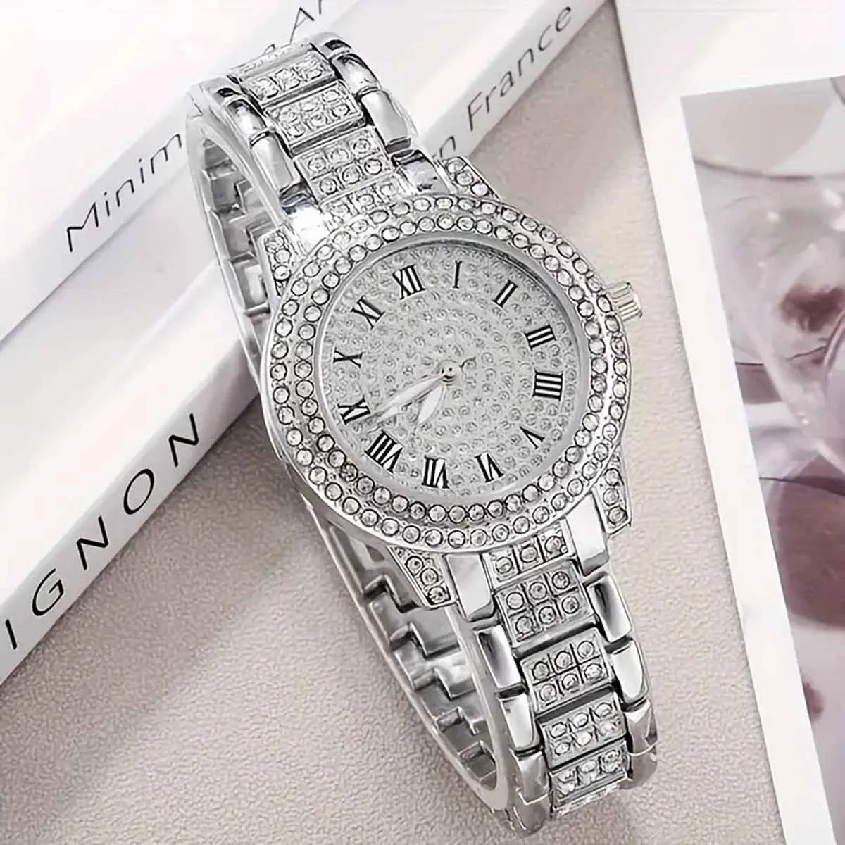 1pc-Ladies' Diamond Inlaid Quartz Watch, Rose Gold Roman Numeral Full Diamond, Niche Style