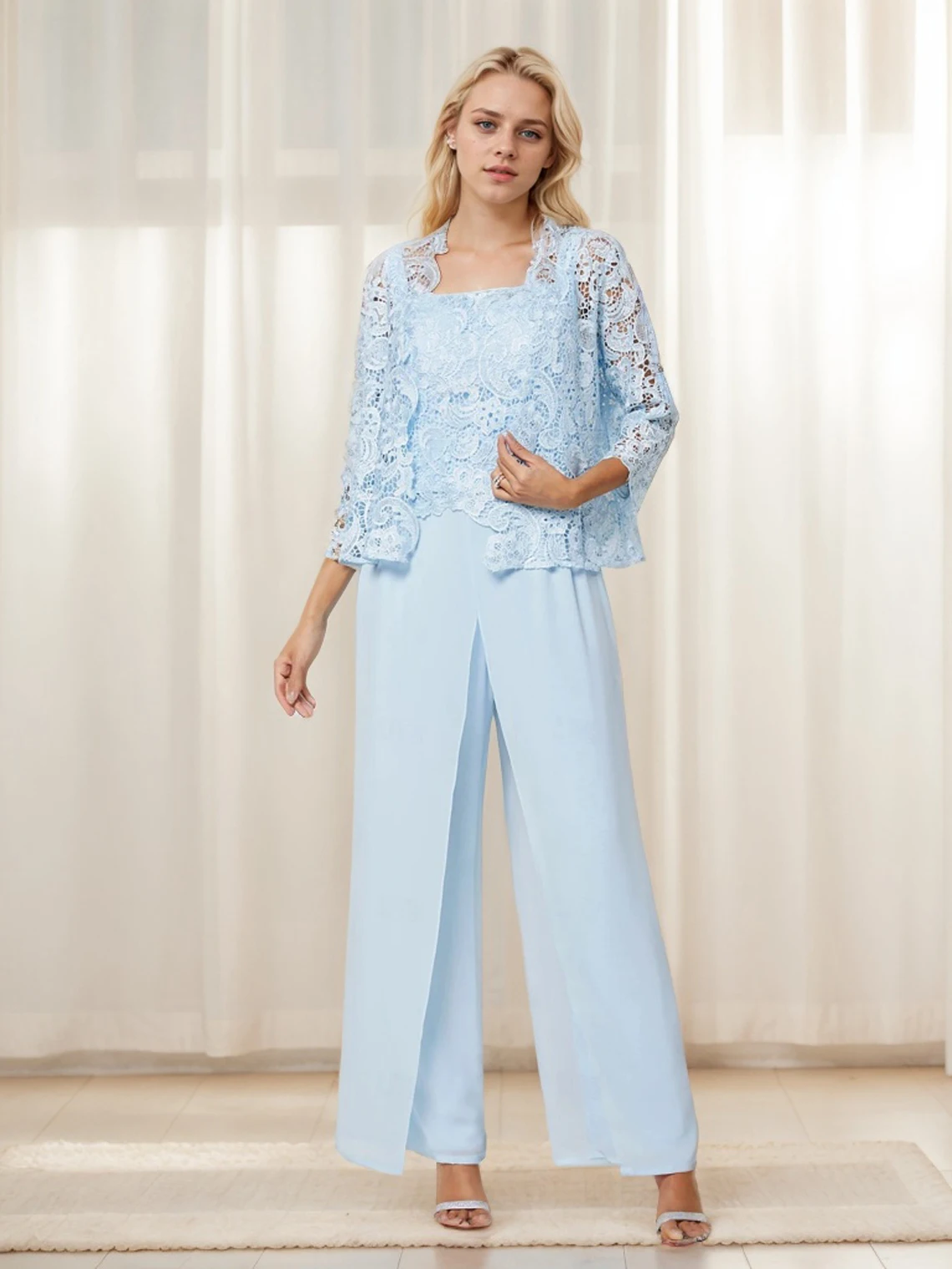 

Elegant 3 Piece Evening Dress Lace Chiffon 3/4 Length Sleeve Square Neck Floor Length Wedding Guest Dress 2025 Free Customized