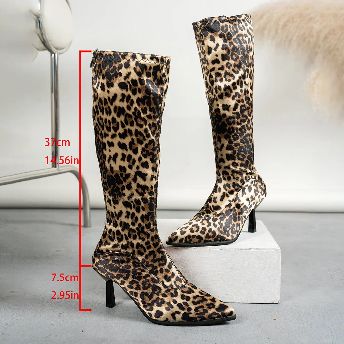 

Сексуальные длинные сапоги на высоком каблуке с леопардовым принтом для женщин, сапоги до колена на шпильке с острым носком, женские осенние модные сапоги Botas Mujer