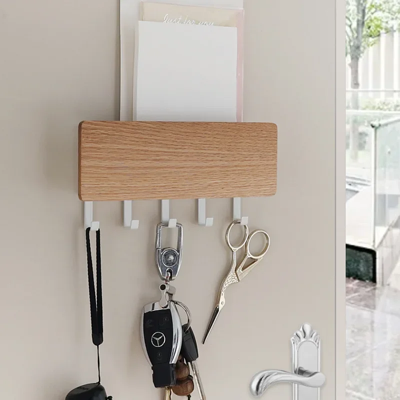HeMu Wooden Key Holder with Shelf & 5 Hooks,Wall Mounted Key Organizer with Tray for Keys,Letters,Scissors,Entryway Decor Rack