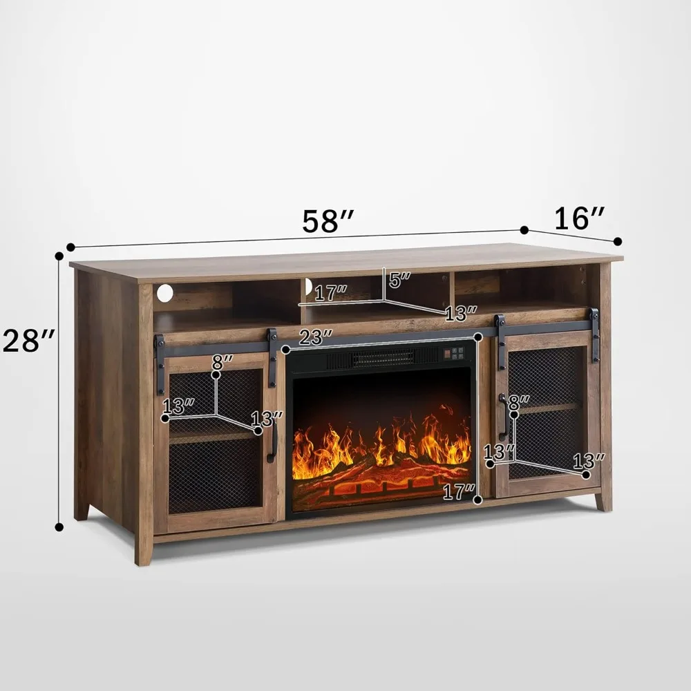 65 Rustic Oak Electric Fireplace TV Stand with Media Storage for Living Room