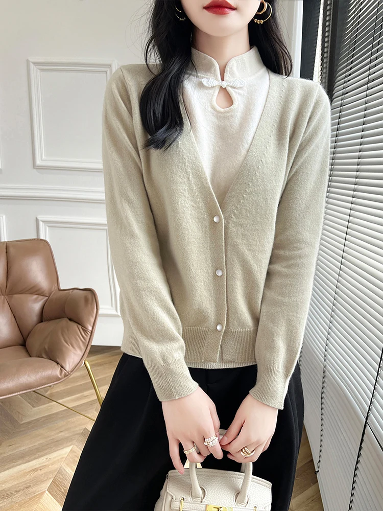 100%Pure Wool Coil Buckle Sweater Women Stand Collar Knit Pullover Casual Retro Fake Two Pieces Blouse New Large Size Base Shirt