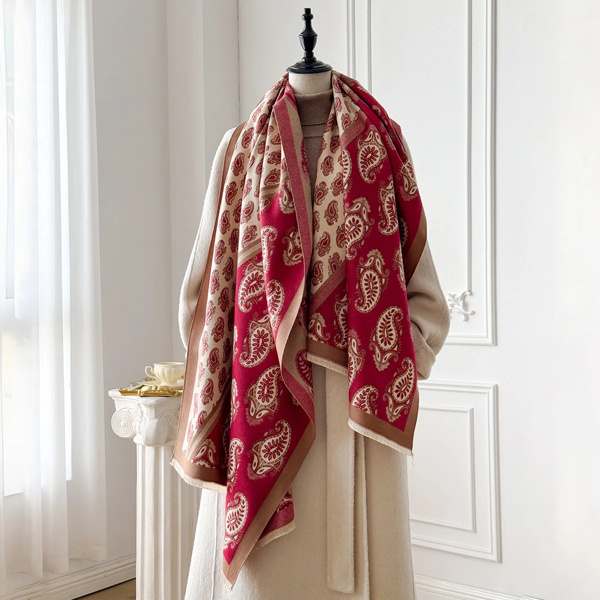 Luxe Merk Warme Fringe Pashmina Sjaal Imitatie Kasjmier Paisley Sjaal Dubbelzijdig Jacquard Winter Koudbestendig Winddicht