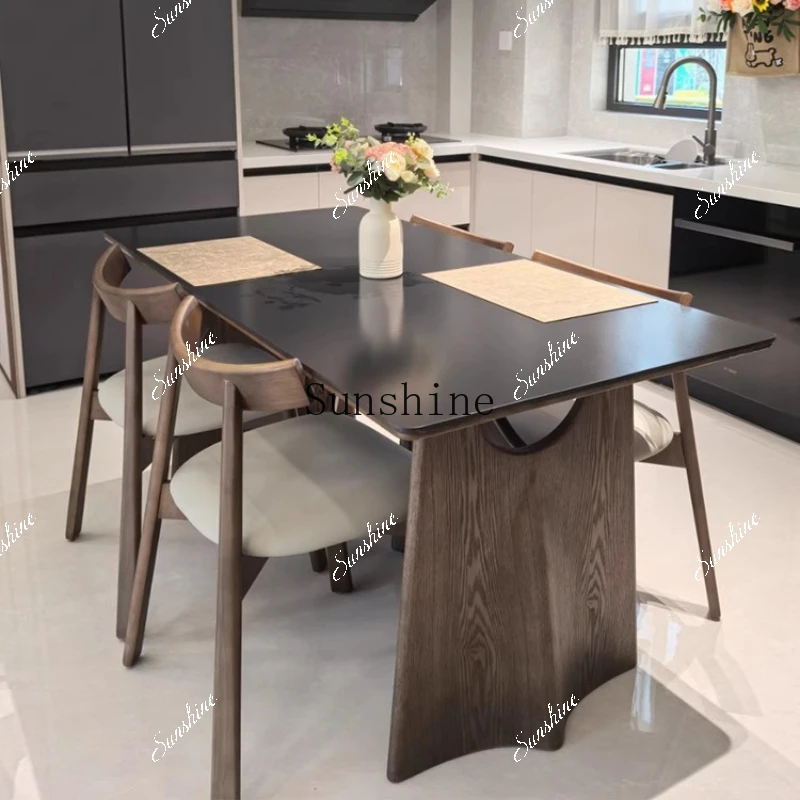 Rectangle solid wood, medieval home use, light luxury, modern simplicity, black rock slab dining tableP