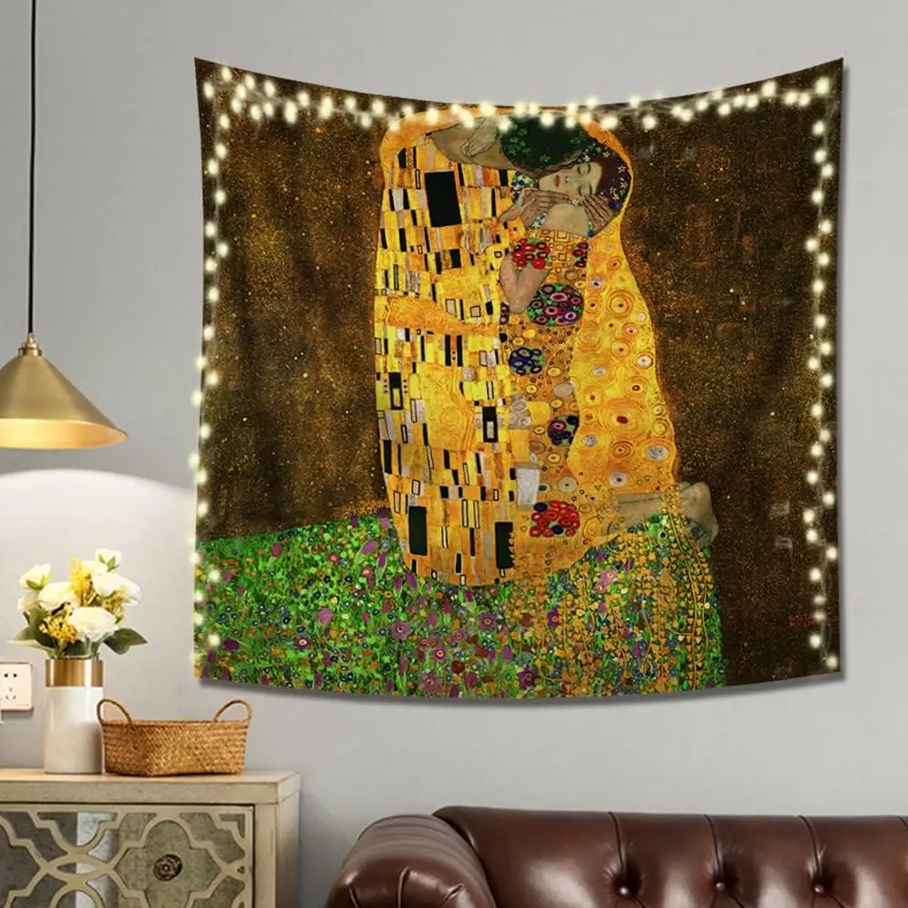 Tapestry Wall Hanging Art Home Decor, The Kiss by Gustav Klimt Art Print Painting for Living Room Bedroom Bathroom Dorm