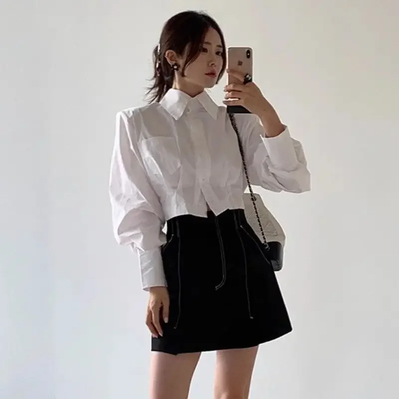 Frühling Sommer Freizeithemd Damen Hemden Crop Tops Mode Damen Langarm Einfarbig Schnürbluse Bürodame Weiße Hemden – Detail 5