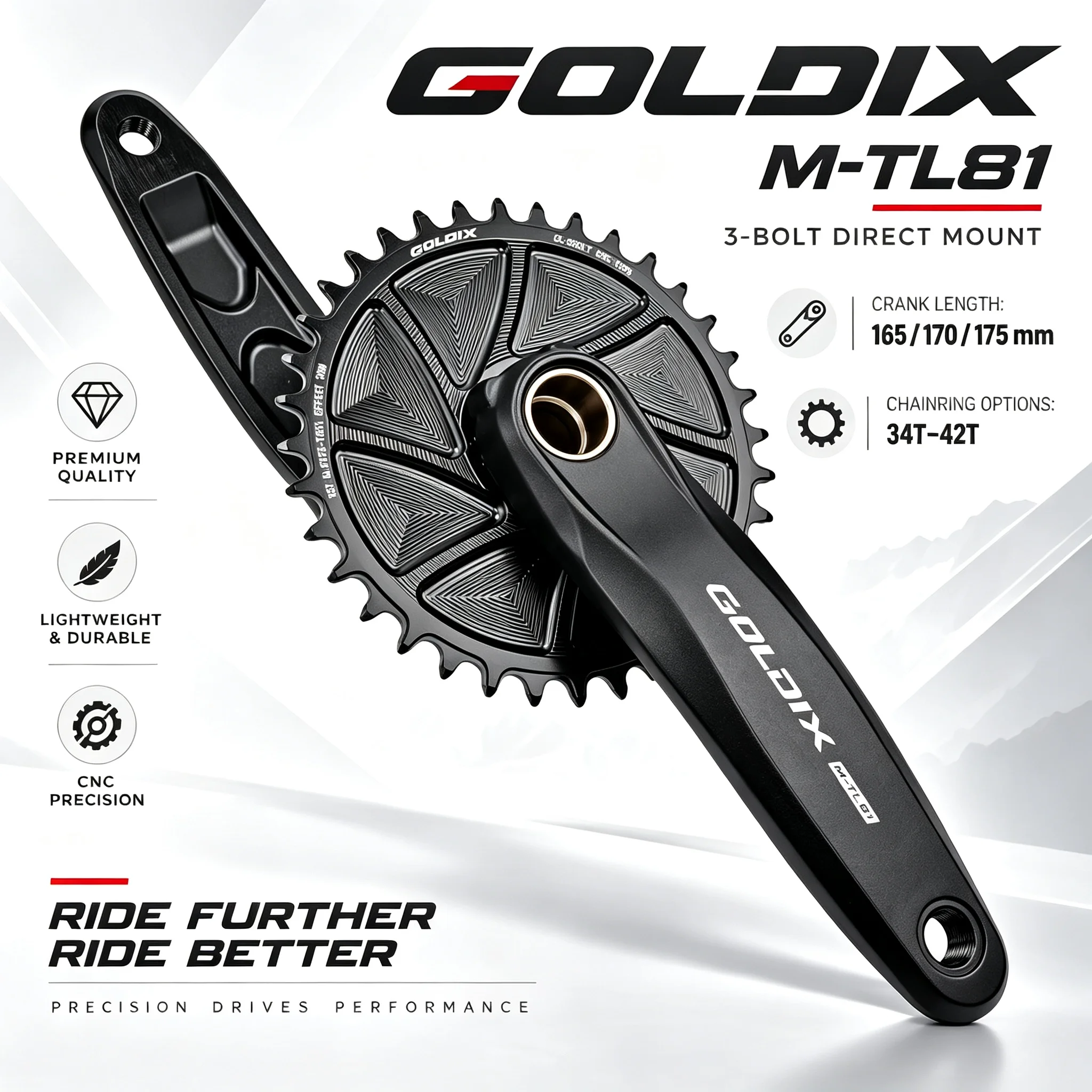 GOLDIX Mountain Bike Crankset 165/170/175mm Forged Aluminum Alloy 3-Bolt Direct Mount Narrow Wide Chainring Bike Crankset