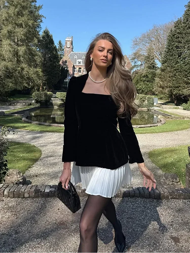 فستان قصير برقبة مربعة وألوان متعددة للنساء بأكمام طويلة وخصر مطوي فساتين قصيرة على شكل حرف A فساتين غير رسمية أنيقة