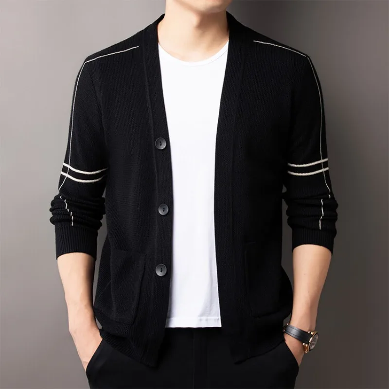 

Autumn and Winter New Men's Cardigan Jacket Trend Knitwear Long-sleeved Sweater Fall Coat Fashion Striped Versatile