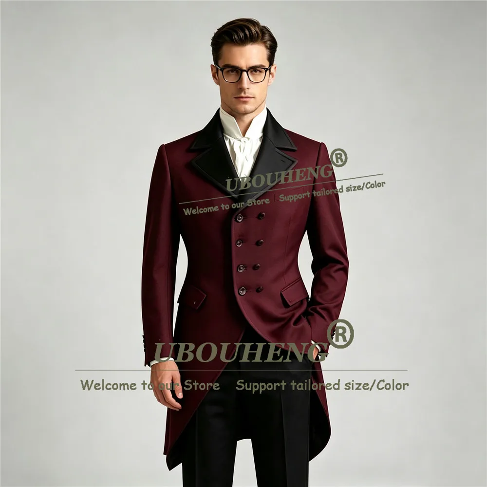 Vintage Black Men's Suit Long Double Breasted Notched Lapel Tailcoat Wedding Prom Banquet Customized 2 Pieces Sets Male Outfit