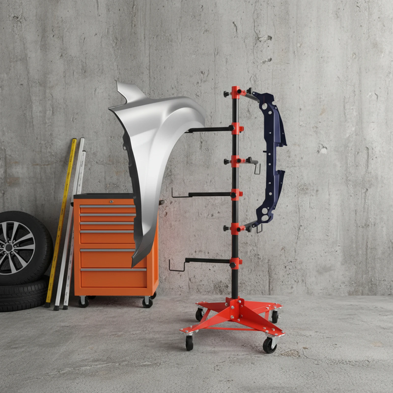 Auto Paint Stand, Tool Storage Rack, Pliers Holder, Adjustable Iron Frame, 47x47x120cm, RV Hydraulic Workshop Tool, 6 Rotating Hooks, Wheels