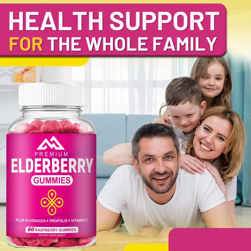 

Elderberry gummies are suitable for children and adults, containing vitamin C, propolis, and echinacea raspberry flavor