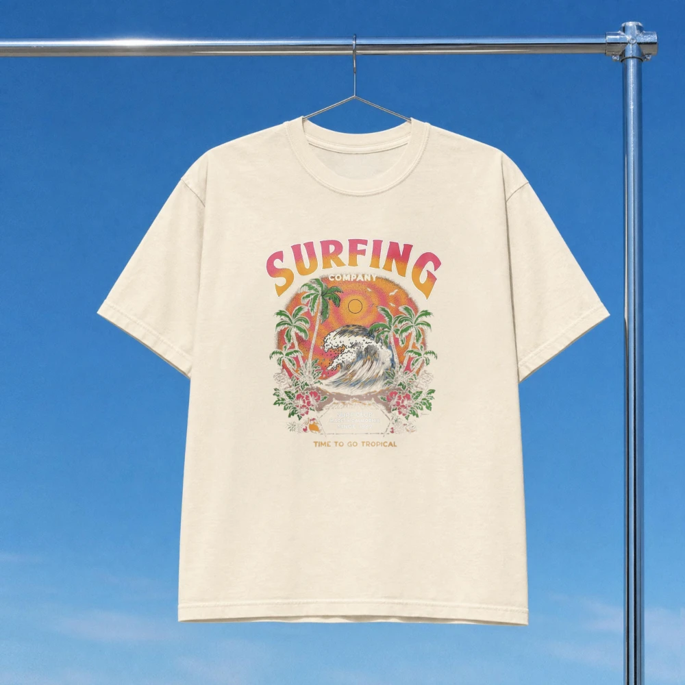 Surfing Time To Go Tropical Graphic Tee Retro Wave Palm Tree Ocean Lover Men Women Fashion Top Unisex Cotton Short-sleeve Tee