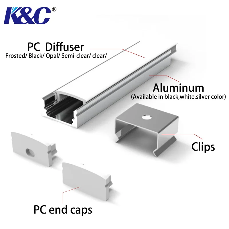 Cubierta difusa de canal de carcasa de extrusión, aleación de aluminio 6063, accesorios para tira de iluminación de pared de armario, perfiles Led de aluminio