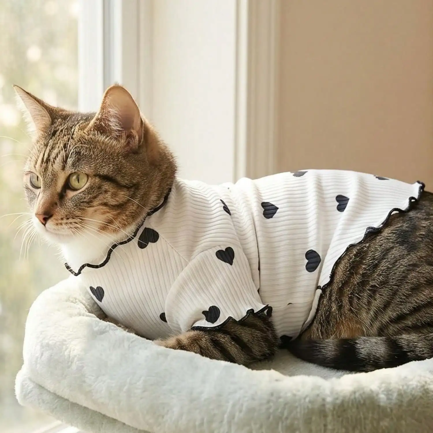 Geripptes Haustier-T-Shirt mit Herz- und Schleifendruck und Rüschenbesatz für kleine Hunde und Katzen – Detail 39