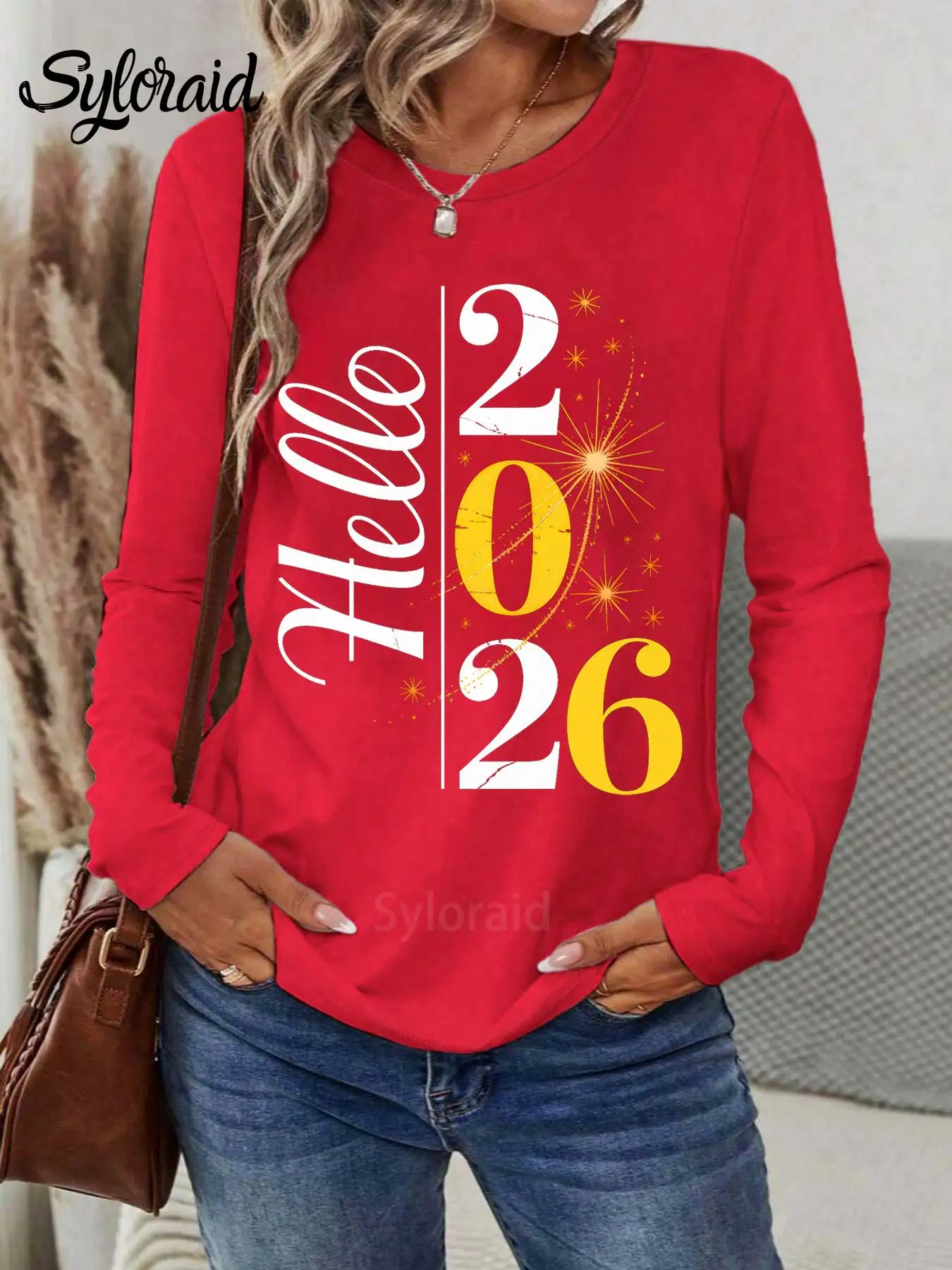 여성용 긴 소매 티셔츠 '헬로 2026' 새해 황금 불꽃놀이 프린트 티셔츠 패션 라운드 넥 캐주얼 탑