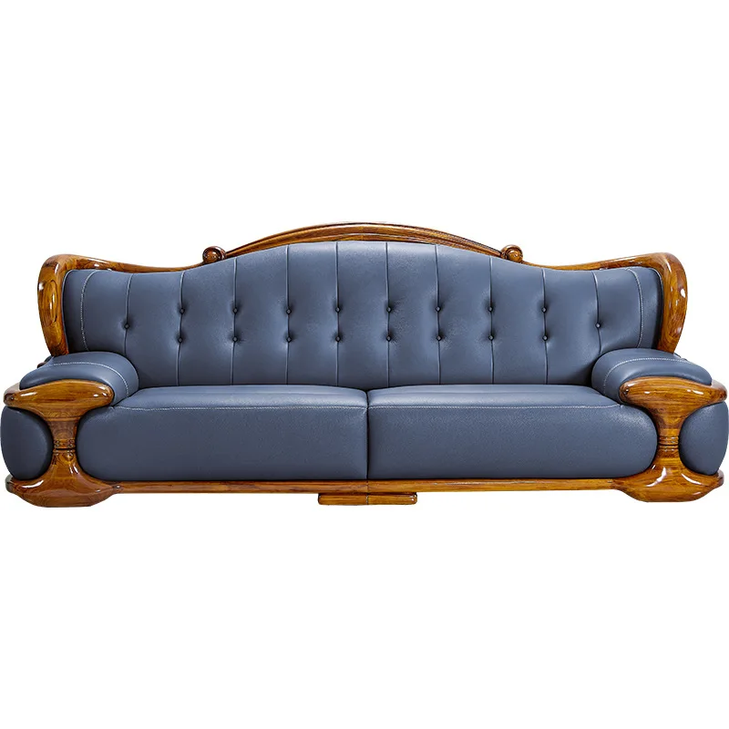 

European-style villa luxury ebony leather sofa new Chinese living room large apartment solid wood combination furniture